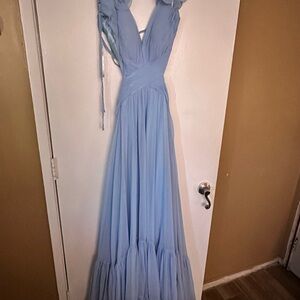 Camille La Vie Blue Plunge Flutter Sleeve Maxi Gown